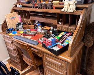Oak roll top desk with office contents