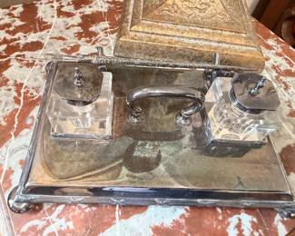 Silver plated desk inkwell stand with crystal wells