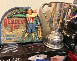 Vintage golf trophy cup and Resident Pro figurine