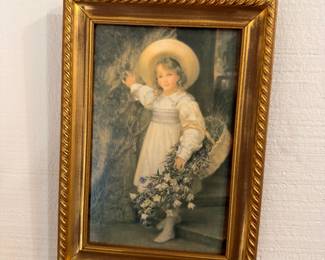 Framed Victorian print of girl with flower basket