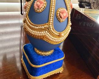 Faberge-style decorative egg with pearl beading on stand