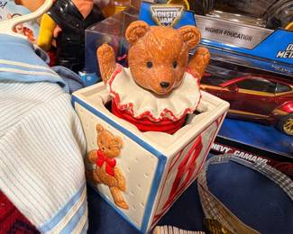 Vintage ceramic teddy bear jack-in-the-box music box