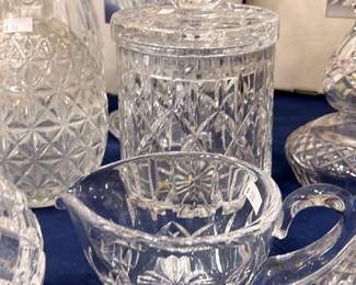 Cut crystal lidded jar, pitcher and barware