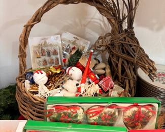 Boxed glass Christmas ornaments and large grapevine basket