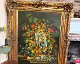 Large Dutch-style still life painting in ornate gilt frame