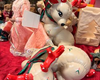 Vintage ceramic reindeer figurines and porcelain doll