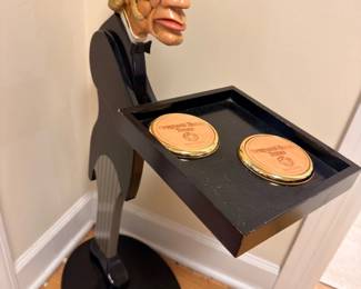 Wooden butler statue serving tray with drink coasters