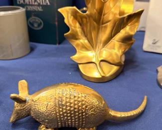 Brass armadillo figurine, brass leaf dish, Bohemia crystal