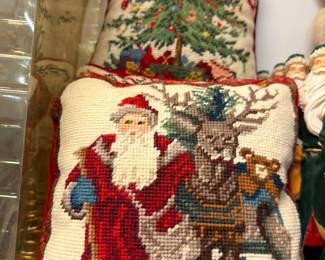 Vintage Christmas needlepoint Santa and tree pillows