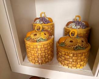 Vintage ceramic basket-weave canister set, sunflower & grape