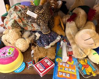 Vintage plush toys, PEZ dispensers, and playing cards lot