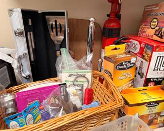 Mixed lot — grilling tools, hardware, household goods, basket