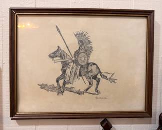 Framed signed sketch of mounted Native American warrior