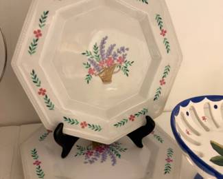 Octagonal floral platters and pierced porcelain serveware