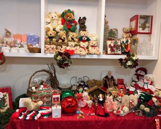 Huge Christmas display — teddy bears, Santas, dolls, holiday decor