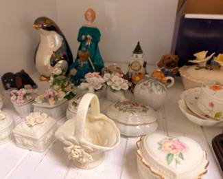 Porcelain trinket boxes, figurines, and floral bisque collection