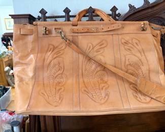 Tooled leather western weekender travel bag