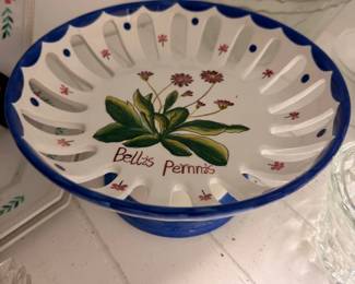 French Belles Pemnies hand-painted pierced ceramic compote