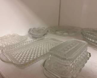 Wexford pattern glass relish trays and butter dishes