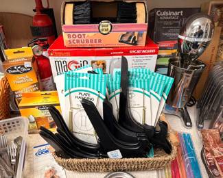 Cuisinart cookware, plate hangers, household goods lot