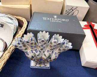 Delft blue tulip vase, Waterford Crystal box
