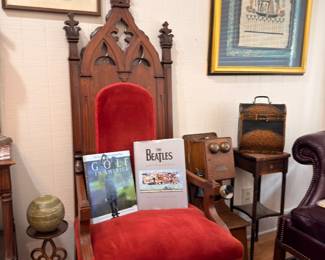 Gothic Revival carved wood throne chair, red velvet upholstery