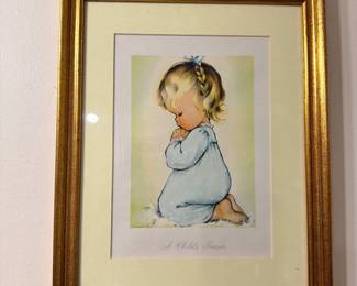 Framed vintage child's prayer print in gilt frame