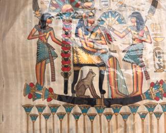 Egyptian papyrus art with hieroglyphics