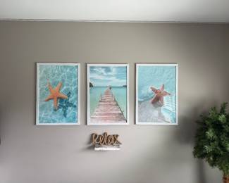  coastal-themed 3-piece wall art set featuring starfish and a beach pier landscape. 