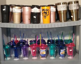 Stainless steel insulated tumblers in various colors and Infused water bottles