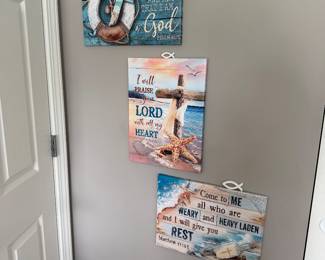 Christian inspirational beach-themed canvas prints featuring motivational Bible verses. 