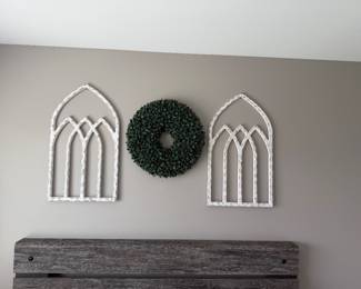 Cathedral Molded Wall Decor wood arch window frame wall art & Boxwood Artificial Wreaths 