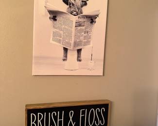 Funny Highland Cow Bathroom Wall Art Prints, Animal Picture for Bathroom Restroom Decoration & a "BRUSH & FLOSS" rustic wooden sign 