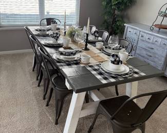  rustic wood table with white painted legs & metal dining chairs