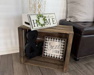 wood storage crate & Decorative Candle Lantern. 