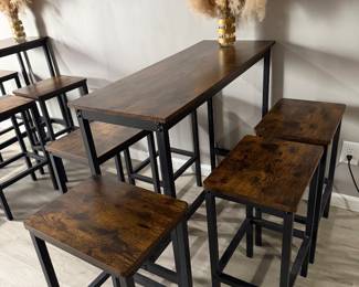 rustic brown and black industrial bar table and stools
