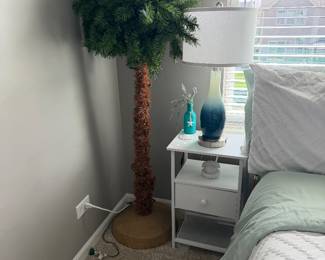 table lamp with a blue ombre finish and white shade & 3- tier white Nightstand with Charging Station 