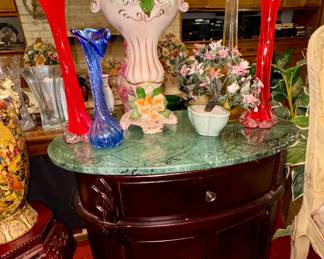 cherry wood oval marble top table, Tall Red Glass Vases, Jade tree, Capodimonte Lamp