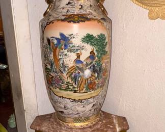 Tall Asian vase, Tall marble top pedestal 