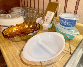 Pyrex Casserole Dishes, Carnival glass bowl