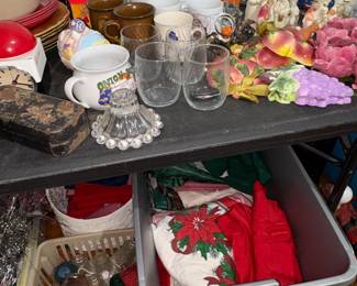 Vintage linens, glass votive cups, Salt & Proper, fruit wall plaques, mugs, figurines 