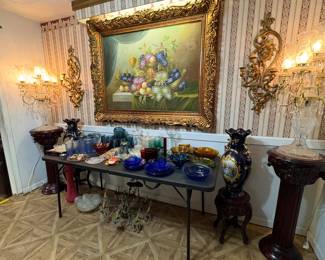 huge ornate fruit painting, Syroco Wall sconces 