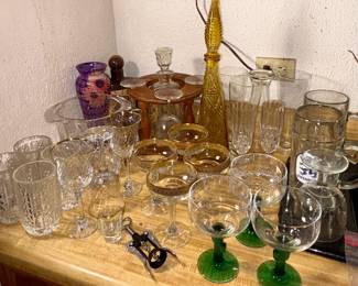 tall Genie bottles, Beer mugs, Green stem glasses, decanter set
