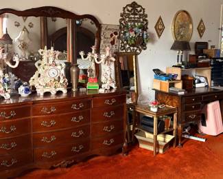 French Provincial Style Vintage Cherry Serpentine Dresser With mirror, Capodimonte Candlelabras