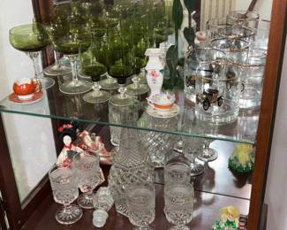 Anchor Hocking decanter set, Sasaki Regency olive green crystal stemware Goblets