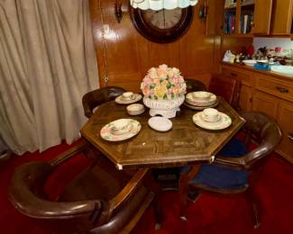 Vintage octagon table, stained glass hanging lamp
