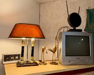 Lamp, clock, brass birds, small TV