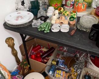 Candles, party supplies, napkin rings,  vases, Tupperware 