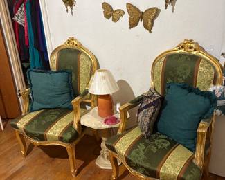 Pair of elegant chairs, small marble table