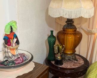 MCM gold lamps, another rosewood marble side table